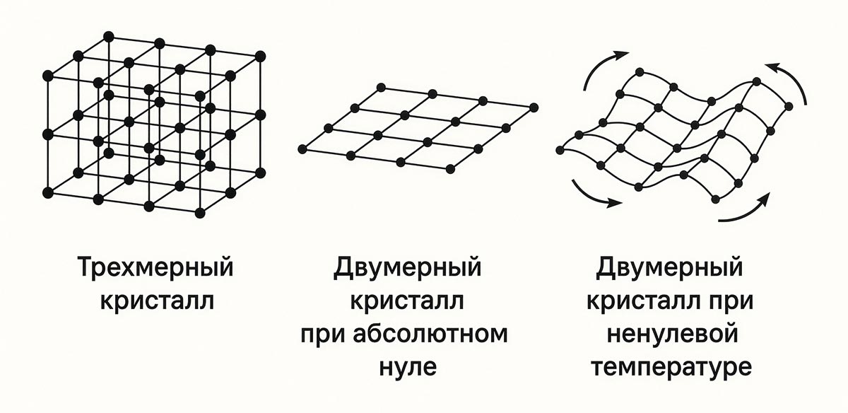 Сравнение устойчивости порядка в трехмерном кристалле и двумерном кристалле при T = 0 и T > 0. Источник: иллюстрация создана при помощи ChatGPT (модель GPT-5.1)