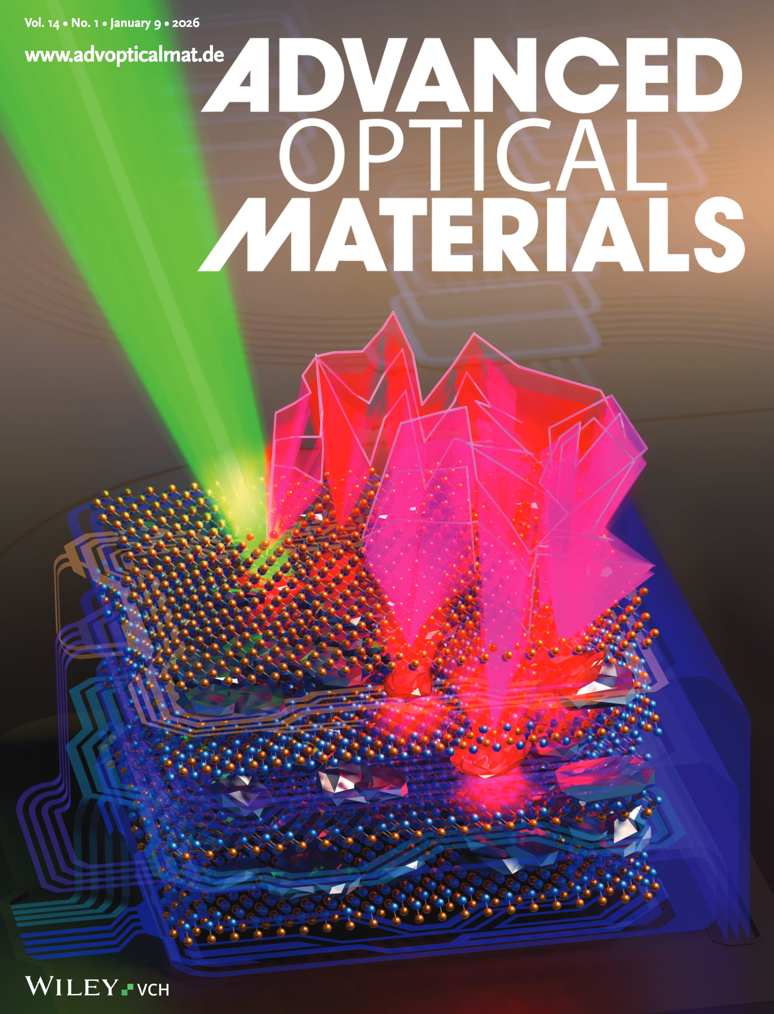 Рисунок. Передняя внутренняя обложка первого выпуска 2026 года журнала Advanced Optical Materials с графическим материалом ученых Центра фотоники и двумерных материалов МФТИ и XPANCEO. Источник: журнал Advanced Optical Materials