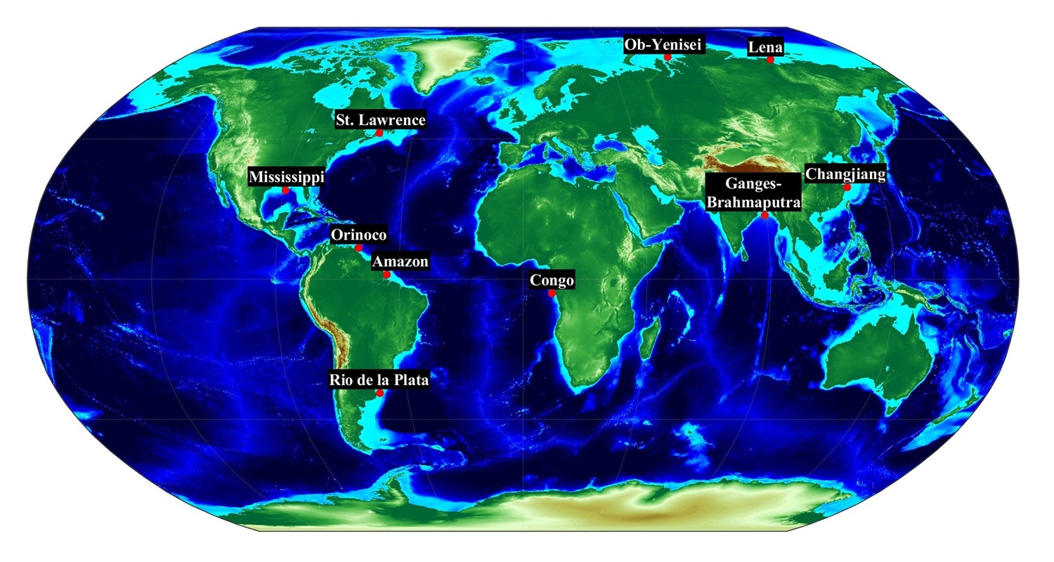 Расположение устьев 10 крупнейших рек, впадающих в Мировой океан. Источник: Frontiers in Marine Science
