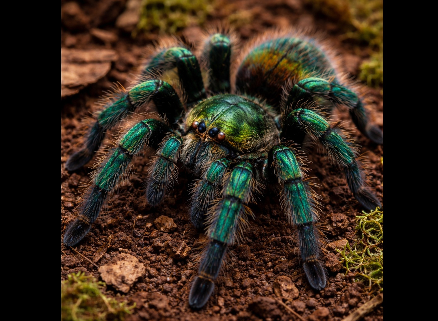 Перуанский зеленый бархатный тарантул (Thrixopelma pruriens). Фото: ИИ-генерация, GPT Image 1.5