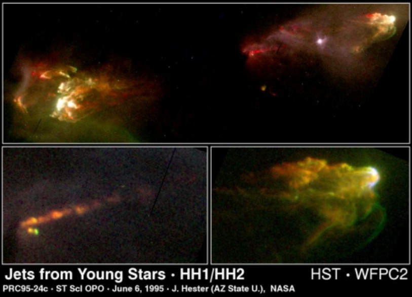 Рисунок 1. Объекты Хербига—Аро HH 1 и HH 2 расположены на расстоянии около светового года друг от друга симметрично относительно молодой звезды, испускающей вещество вдоль своей полярной оси. Источник: Hubble Space Telescope's WFPC2. Credit J. Hester (ASU), WFPC2 Team, NASA