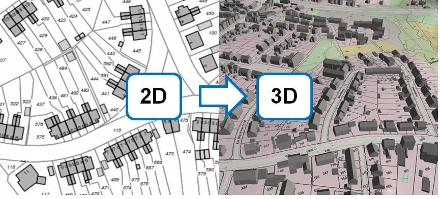 Рисунок 1. От плоских схем к объемному восприятию. Переход от двумерных кадастровых планов к полноценным трехмерным моделям позволяет безошибочно определять этажность зданий и выявлять скрытые постройки. Источник: Riecken J., Gruber U., Seifert M. Germany's Progress Towards a Multi-dimensional Cadastre https://www.gim-international.com/content/news/germany-s-progress-towards-a-multi-dimensional-cadastre