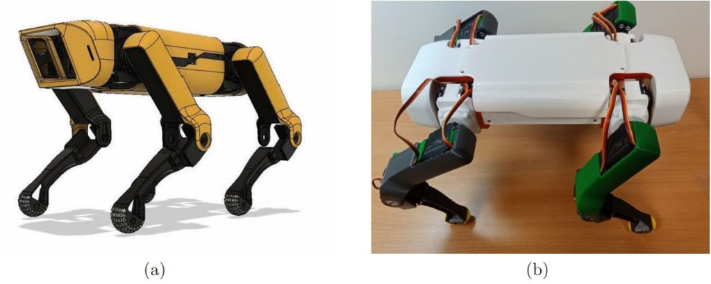 Рисунок 1. 3D-модель четвероногого робота SpotMicro (слева) и собранный прототип (справа). Источник: Russian Journal of Nonlinear Dynamics