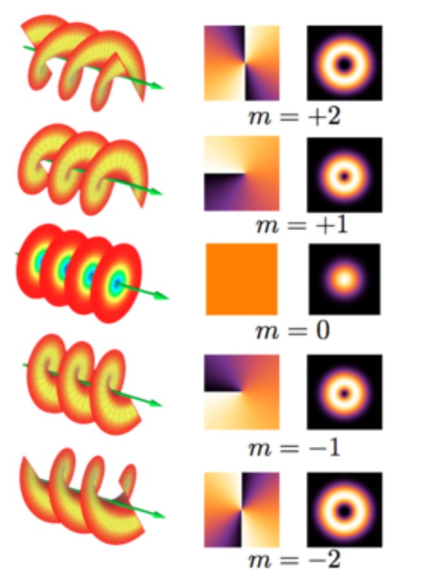 Рисунок 2. Волновой фронт вихревого пучка: фаза вращается вокруг оси, закручиваясь в спираль. Именно этот орбитальный угловой момент делает вихревые электроны чувствительными к хиральности молекул. Источник: Wikipedia