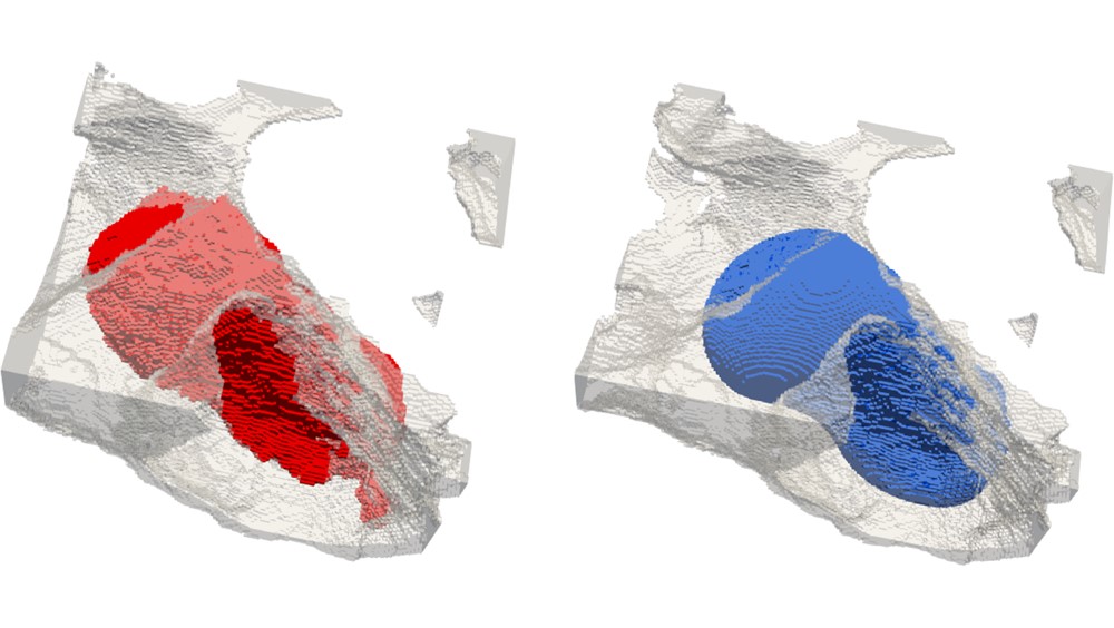 Рисунок. Равновесные конфигурации сверхкритического CO₂ в поровом пространстве (серый цвет) системы сверхкритического CO₂-рассол-песчаник после цикла осушения и впитывания. Экспериментальные данные (обозначены красным цветом) и результаты 3D-моделирования (обозначены синим цветом). Источник: Journal of Colloid and Interface Science