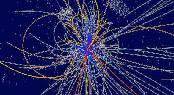 Рисунок_3_столкновение_протонов Рисунок 3. Столкновение протонов в детекторе LHC: разлетающиеся треки частиц регистрируются многослойными детекторными системами. На NICA подобные события будут анализироваться при меньших энергиях, где чувствительность к трехмерной структуре протона максимальна. Источник: Physics World / Proton-proton collision visualization